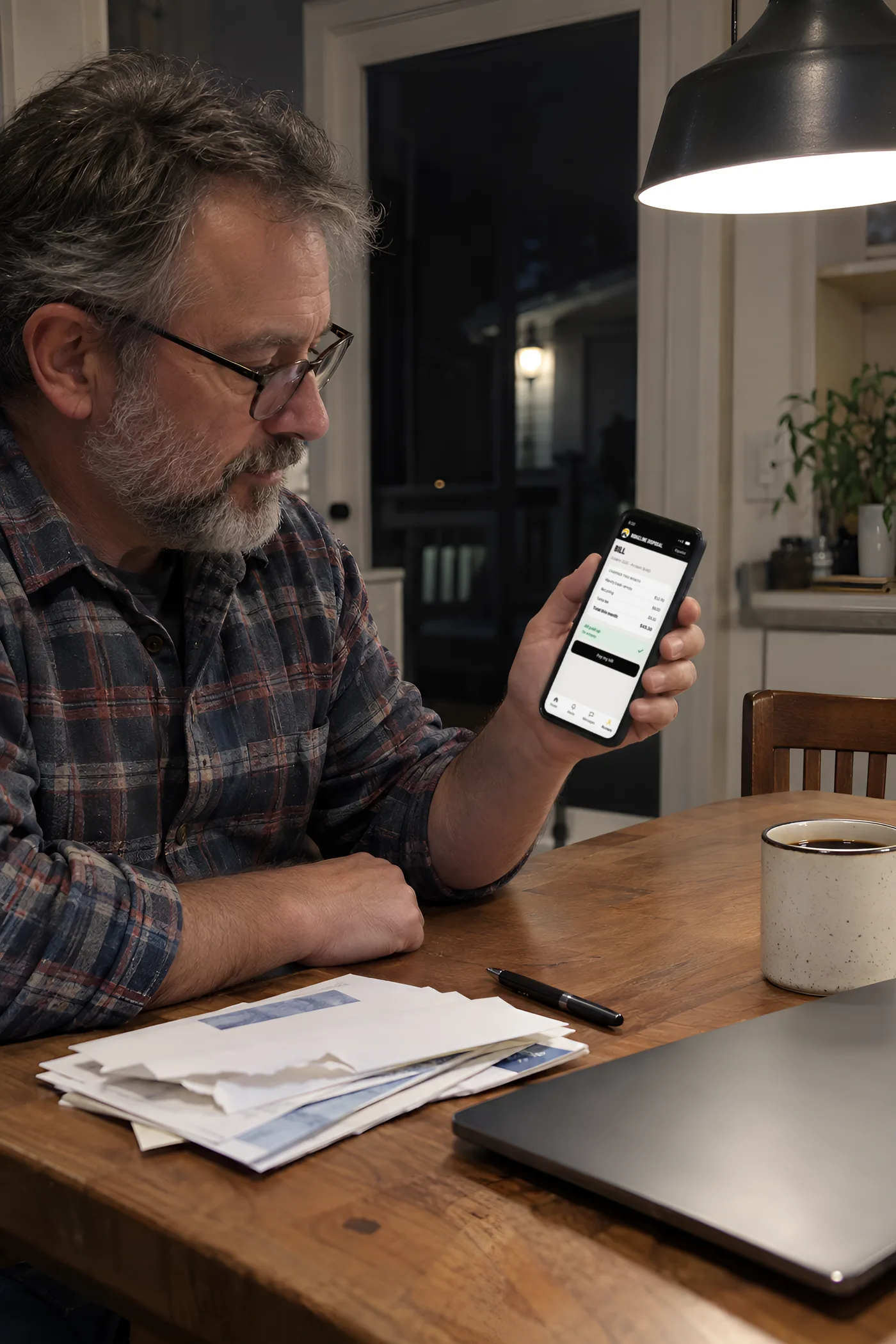 A man at his kitchen table at night checks his trash bill in the app: all paid up on autopay