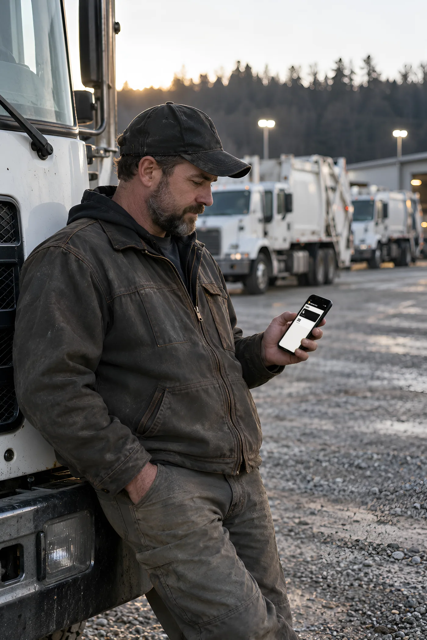 A hauler owner leans on his truck in the yard at sunrise and checks the office app on his phone