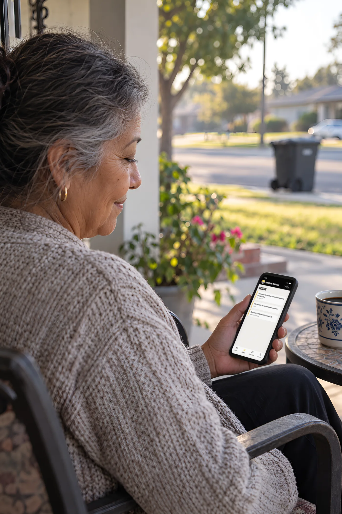 An older woman on her front porch reads the service alerts in Spanish on her phone, with her trash can at the curb