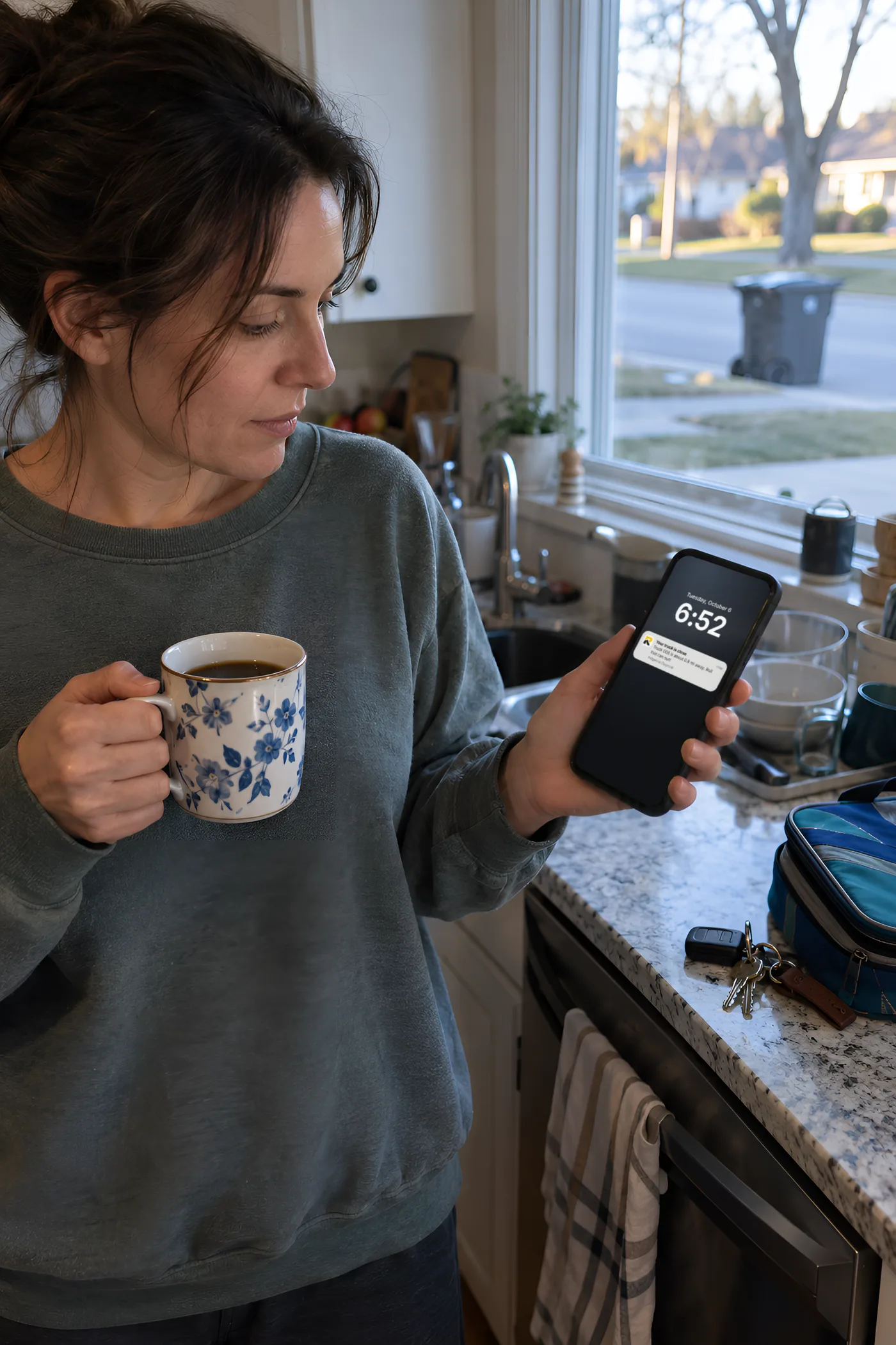 A resident in her kitchen reads the heads up on her phone, with her can out at the curb through the window